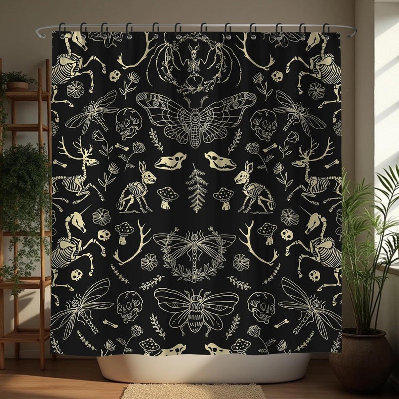 TSLOVER Black and Gold Gothic Horror Skull Shower Curtains,Halloween Witchy Curtain for Bathroom with Butterfly Dragonfly Bee Decor,Spooky Waterproof Polyester Fabric Bath Curtain,72x78 in - Image 1